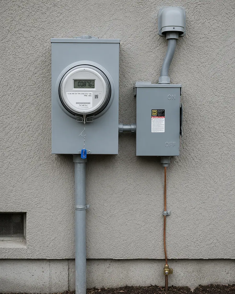 A residential utility meter and an AC disconnect switch mounted on an exterior stucco wall.