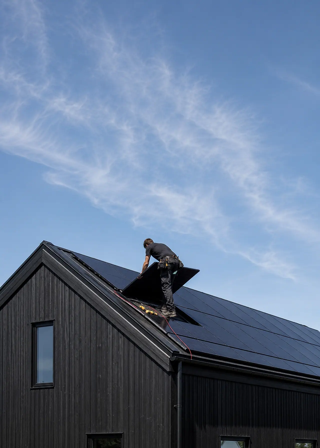 An installer kneeling on the ridge of a dark-clad house, setting a solar module into place against a blue sky.