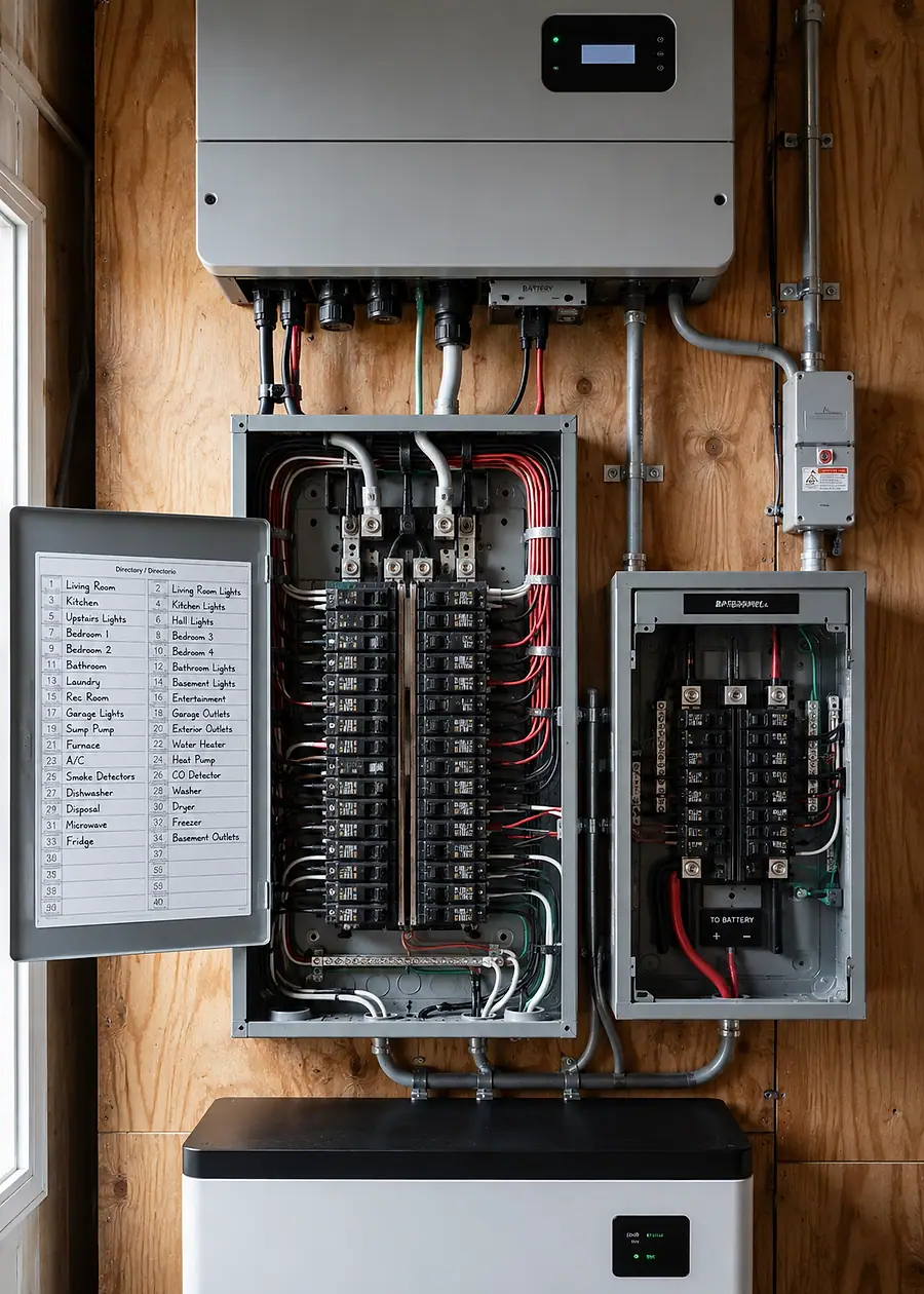A wall-mounted string inverter above an open electrical load centre with labelled circuits.
