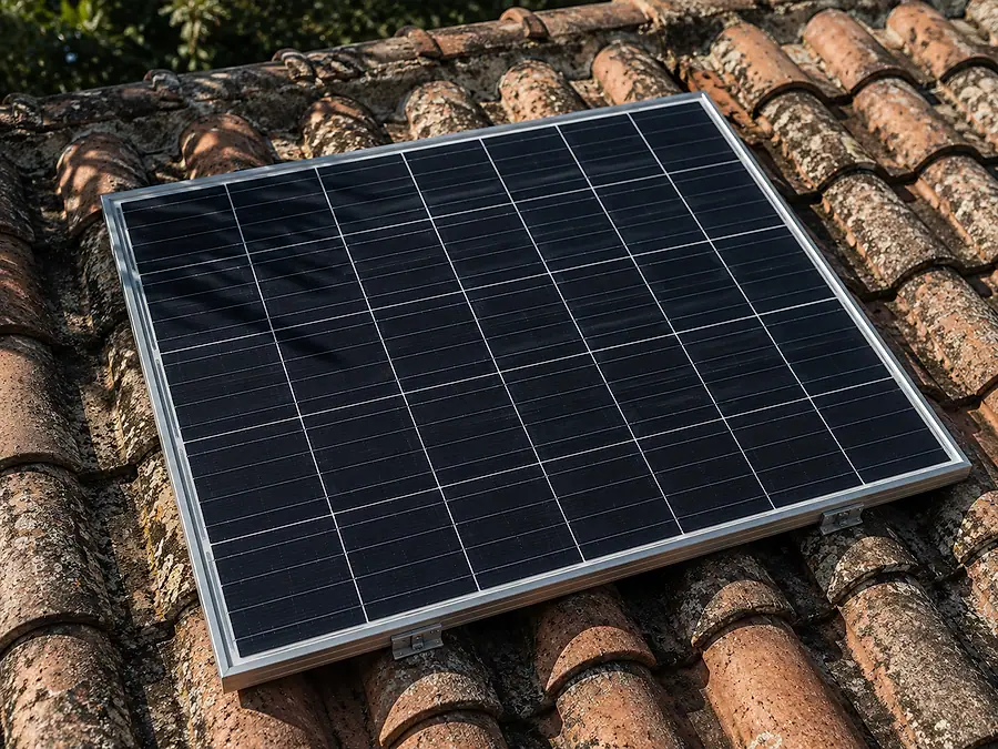 A single black solar module mounted on a terracotta tile roof.