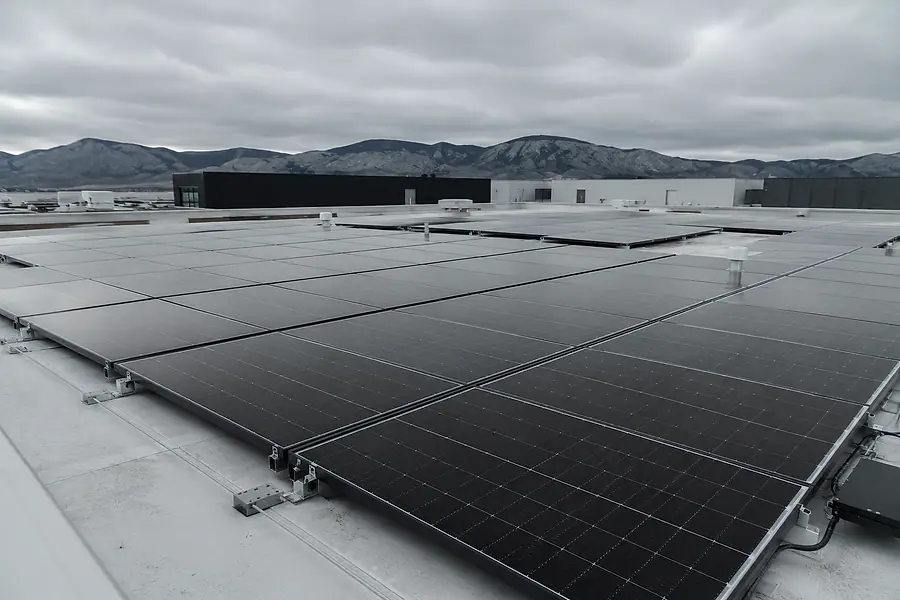 Rows of solar modules on aluminium racking rails, showing clamps and mounting hardware.